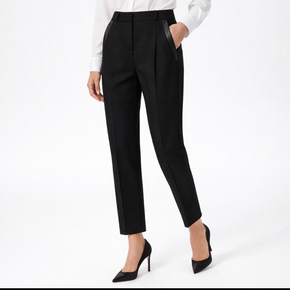 The Kooples Wool Leather Trim Pleated Trousers Women’s 10 Black‎ Cropped